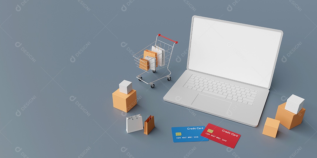Compras on-line no conceito de laptop, renderização em 3d