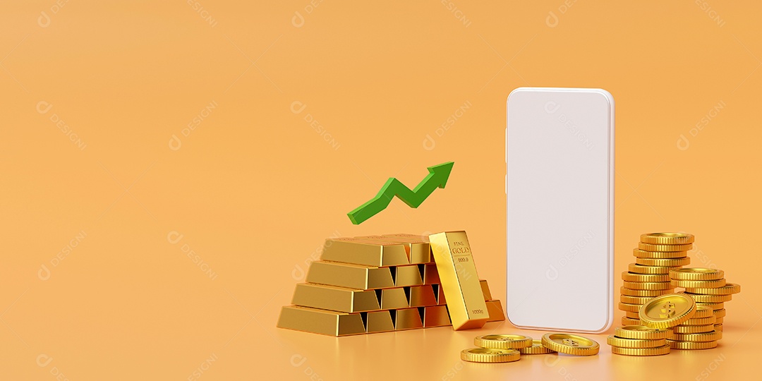 Barra de ouro com seta para cima, fundo de banner renderização em 3d