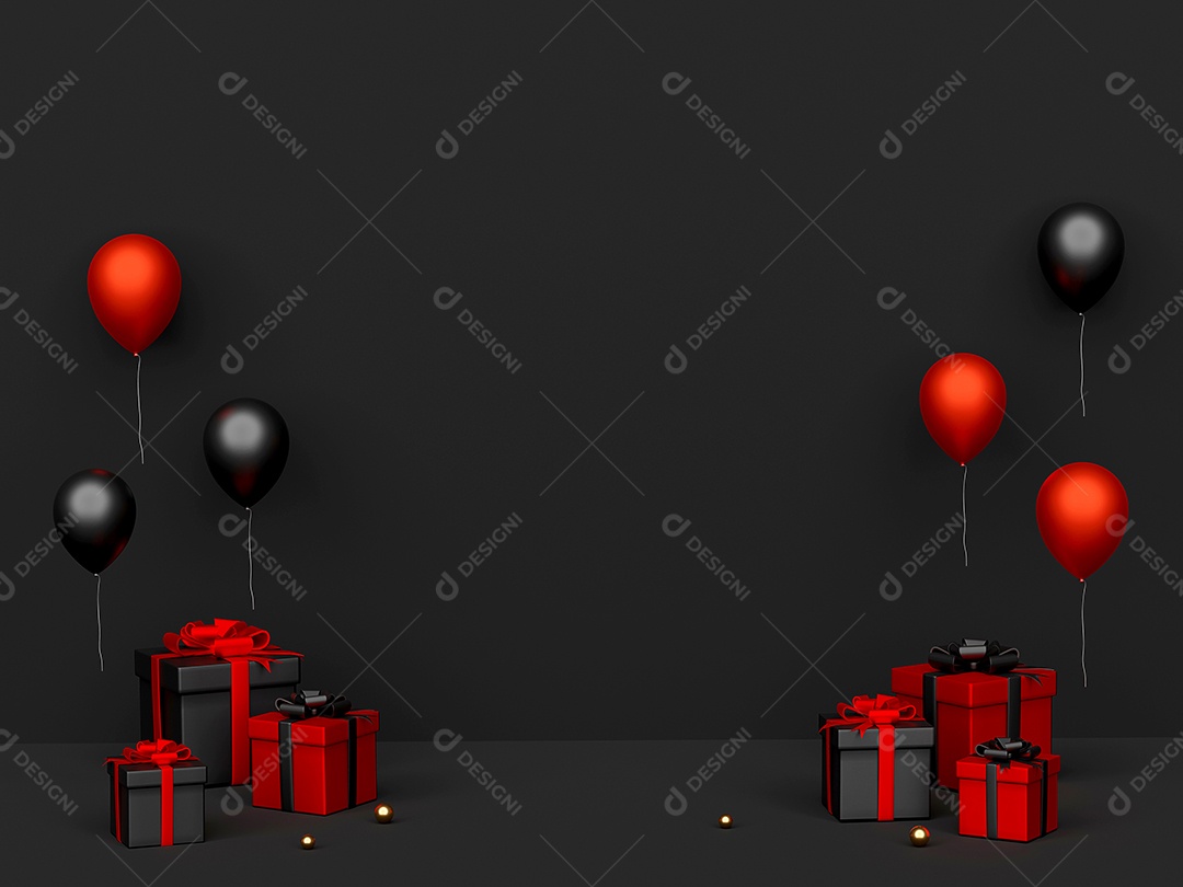 Presentes de sexta-feira negra e balão com espaço preto, renderização em 3d
