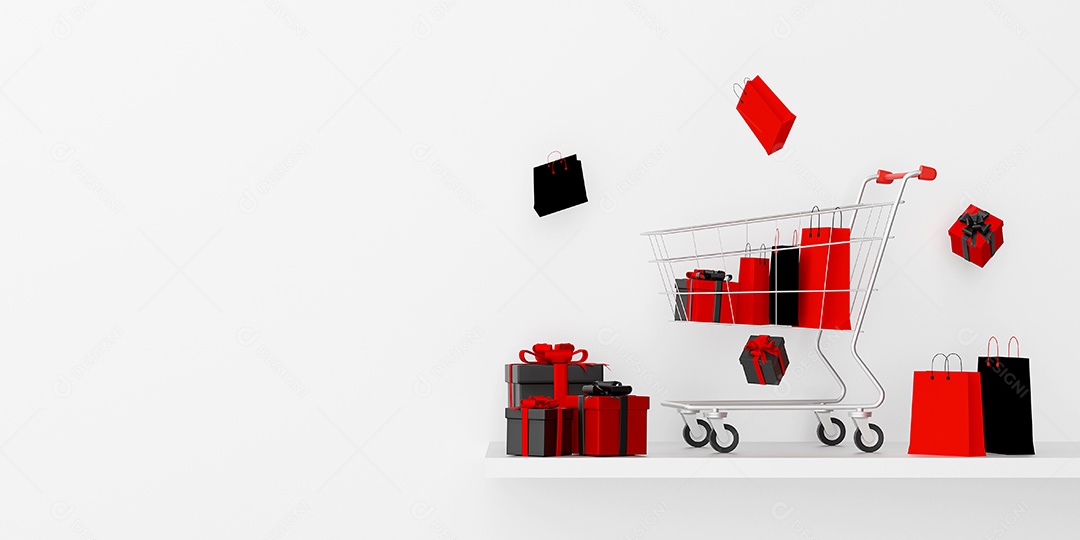 Banner da sexta-feira negra com carrinho de compras cheio de sacolas e presentes, renderização em 3d