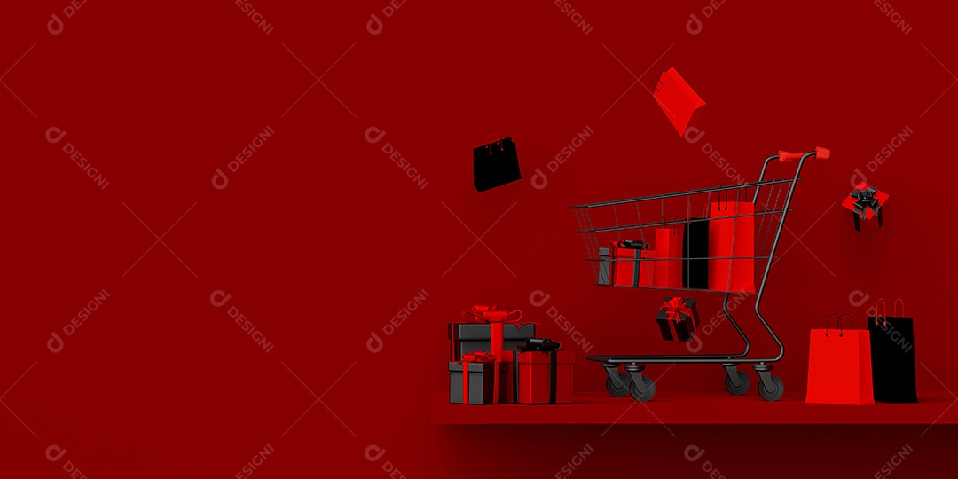 Banner da sexta-feira negra com carrinho de compras cheio de sacolas e presentes, renderização em 3d