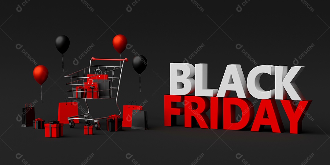 Banner da sexta-feira negra com carrinho de compras cheio de sacolas e presentes, renderização em 3d