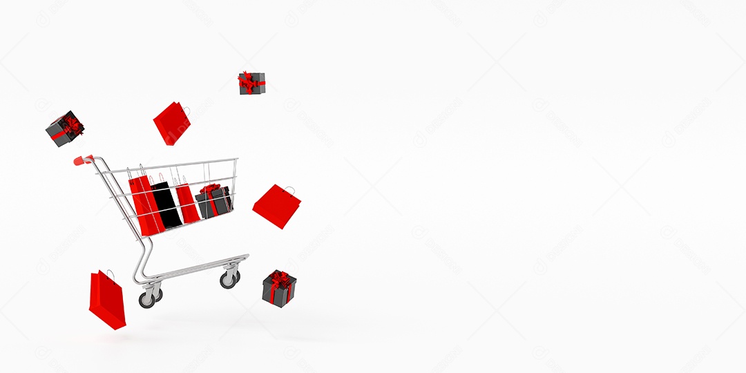 Banner da sexta-feira negra com carrinho de compras cheio de sacolas e presentes, renderização em 3d
