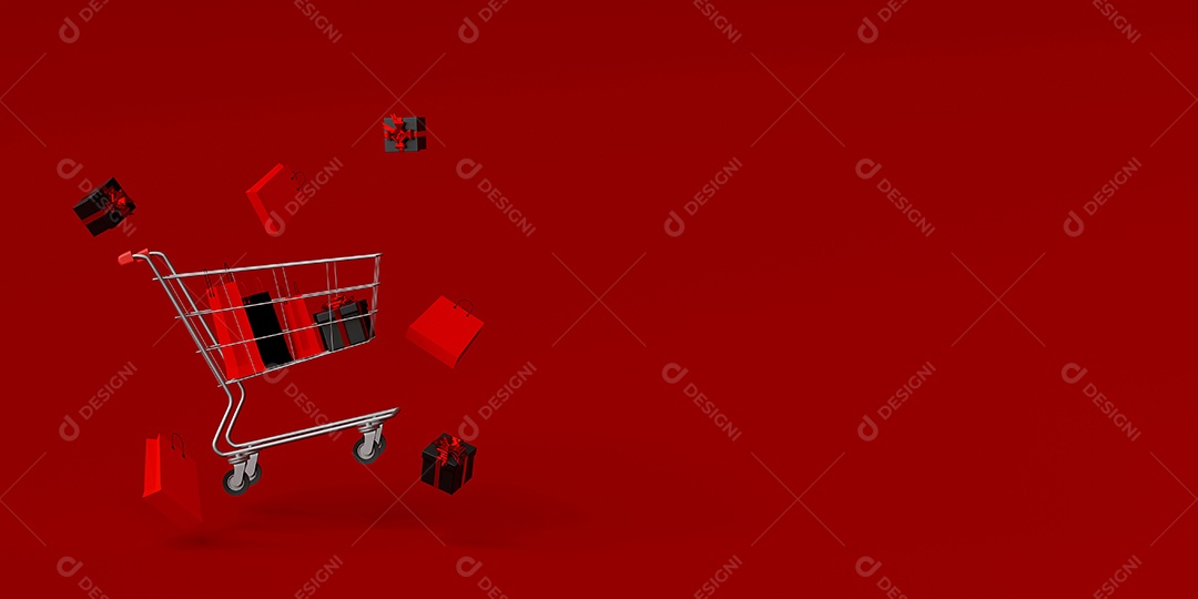 Banner da sexta-feira negra com carrinho de compras cheio de sacolas e presentes, renderização em 3d