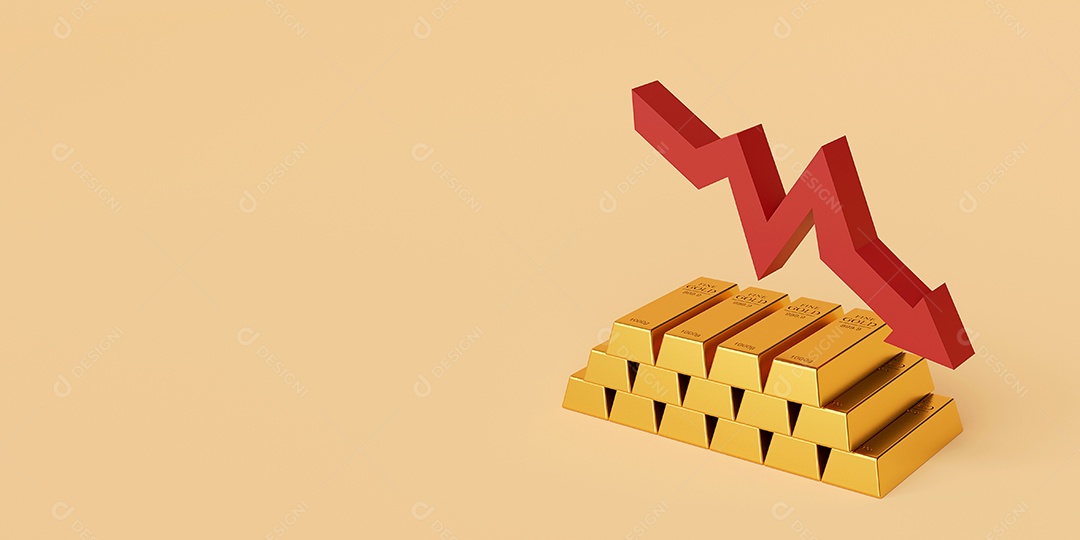 Barra de ouro com seta para baixo, fundo de banner renderização em 3d