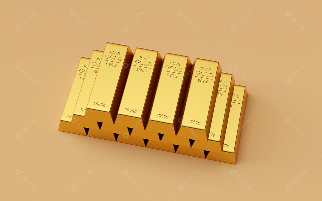 Pilha realista de barra de ouro, renderização em 3d