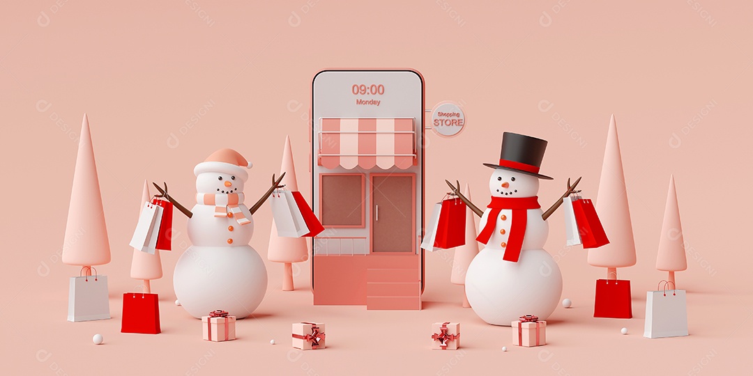 Banner de propaganda de Natal para web design, boneco de neve segurando