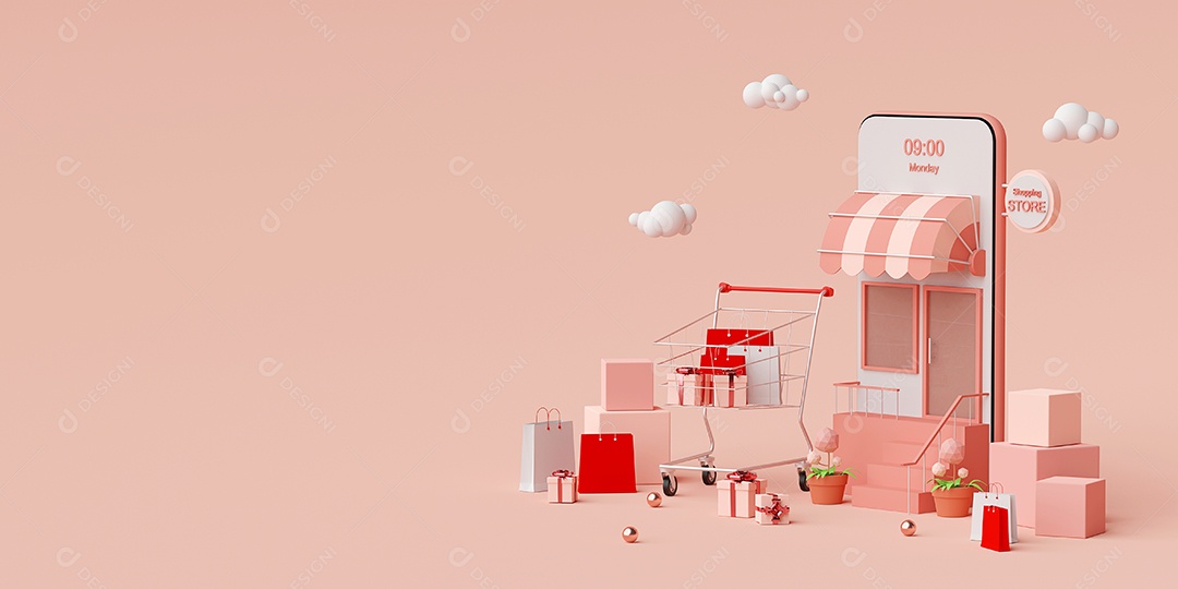 Conceito de comércio eletrônico, loja de conveniência e serviço de entrega por scooter, ilustração 3d