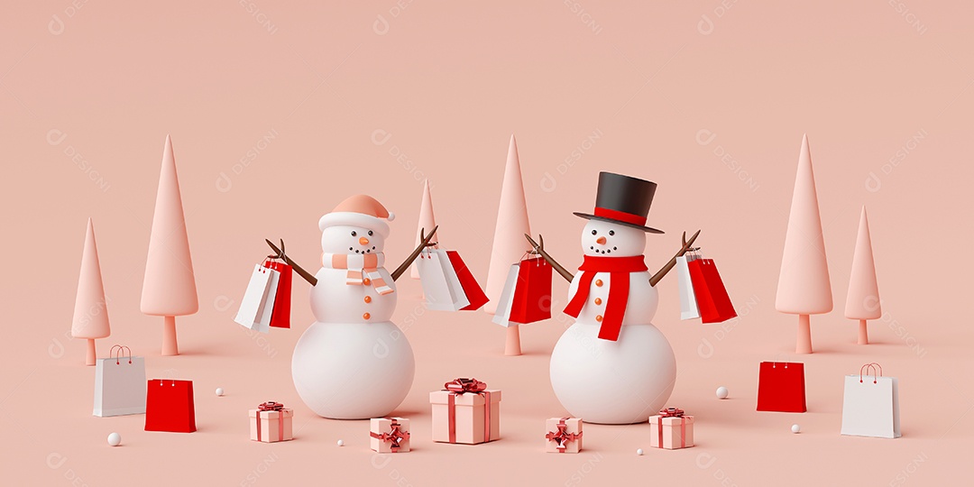 Banner de propaganda de Natal para web design, boneco de neve segurando sacola de compras com presentes de Natal, renderização em 3d