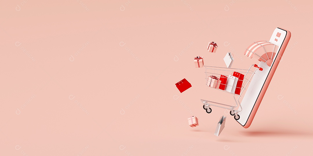 Fundo de banner de propaganda para web design, sacola de compras