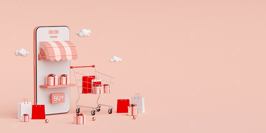 Fundo de banner de propaganda para web design, sacola de compras