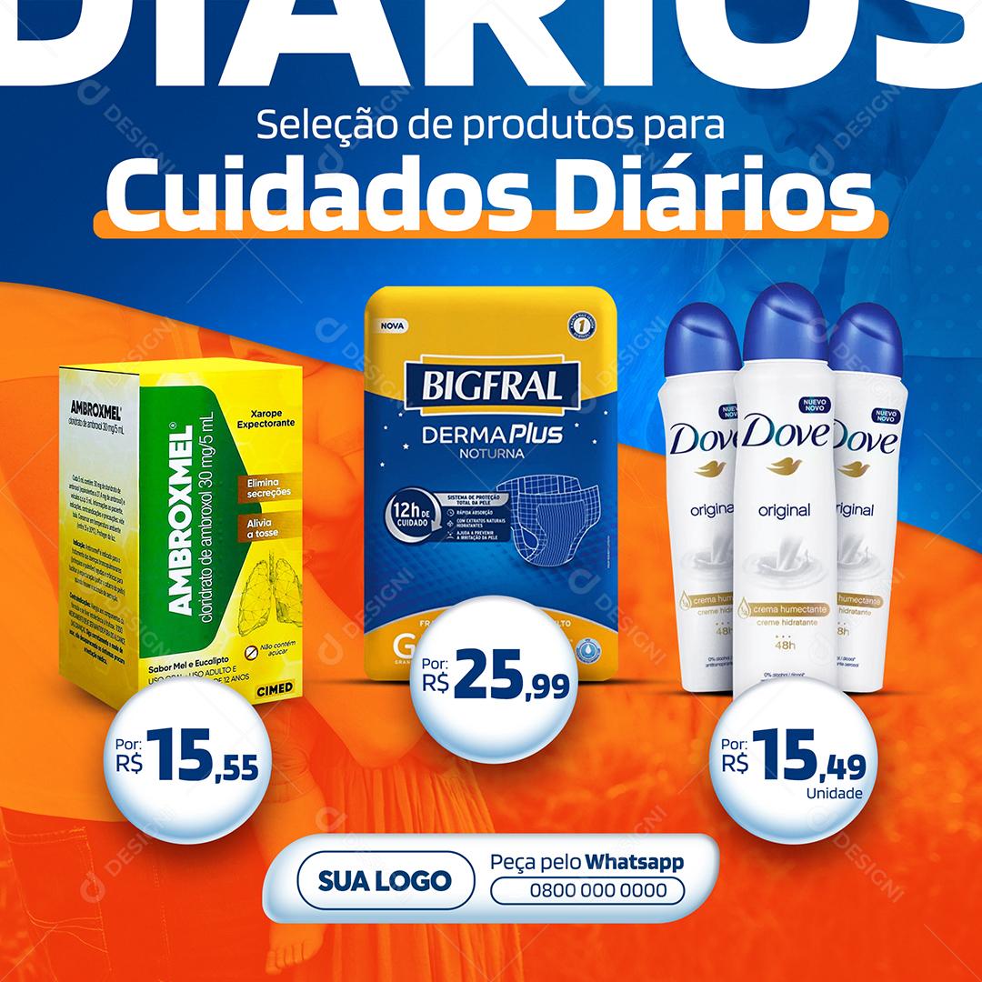 Seleção de produtos para cuidados diários Farmácia Social Media PSD Editável