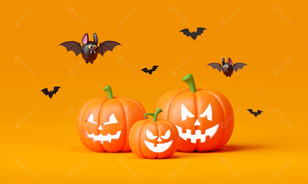 Feliz dia de Halloween com abóboras de Halloween e morcego bonito, ilustração 3d