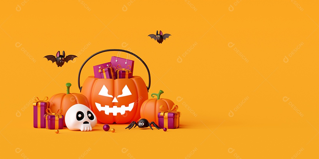 ilustração 3d da bandeira feliz do dia de Halloween com caixa de presente