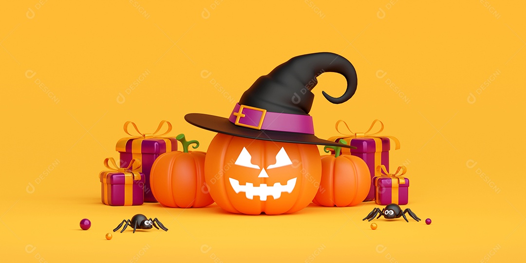 Banner de ilustração 3D de Jack O Lantern usa chapéu de bruxa com caixa de presentes, Feliz Dia das Bruxas