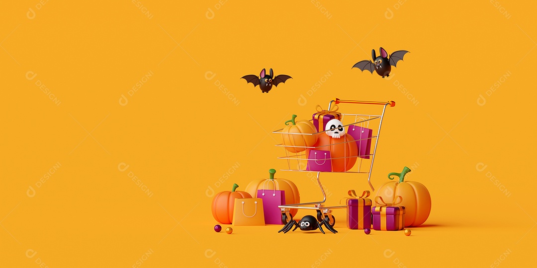 ilustração 3d do banner de publicidade de venda de compras de feliz dia das bruxas