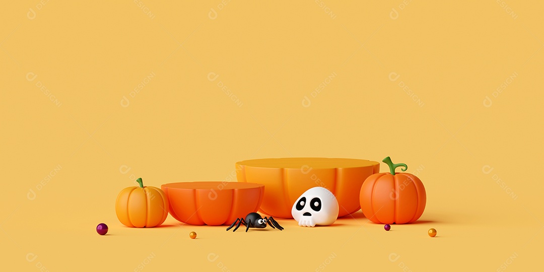 ilustração 3D do pódio de Halloween com abóboras de Halloween