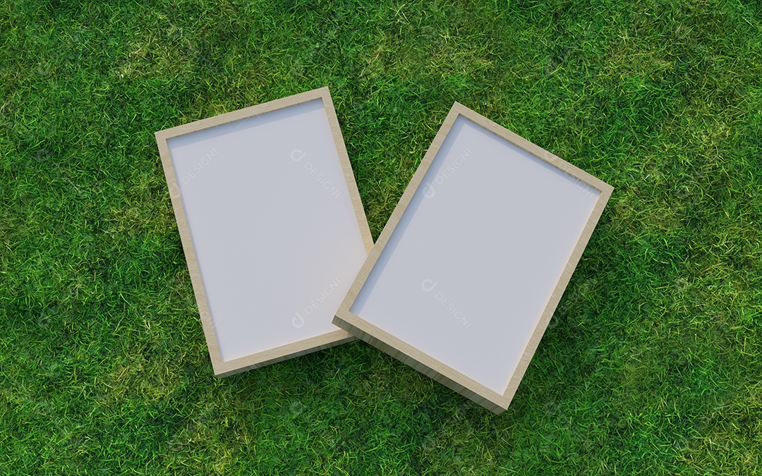 Realista de maquete de moldura de madeira no chão de grama, ilustração 3d