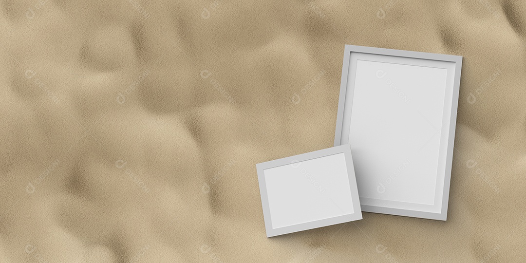 Realista de maquete de moldura de foto no chão de areia, ilustração 3d