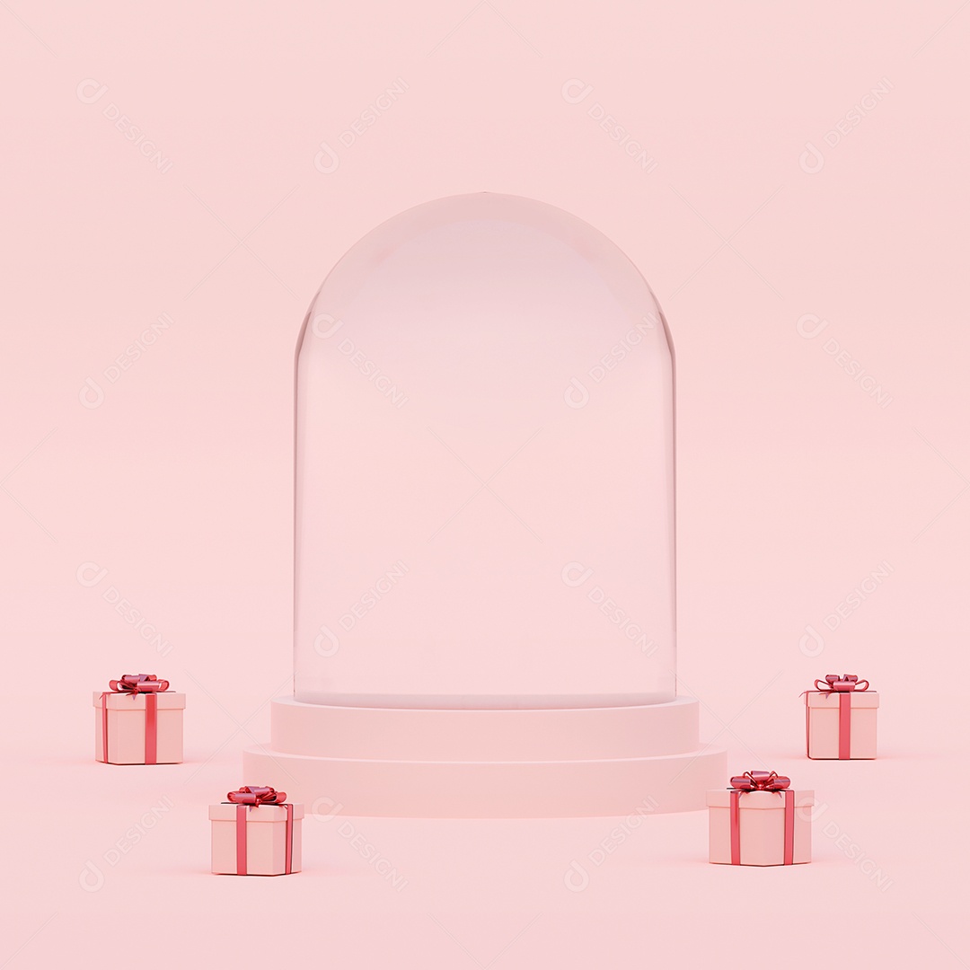 Cenário do globo de cristal vazio de cor Pastel com presentes, renderização 3d