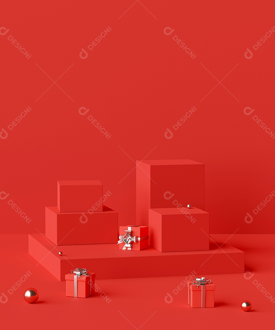Cenário do pódio de forma geométrica de cor vermelha com presentes para o produto