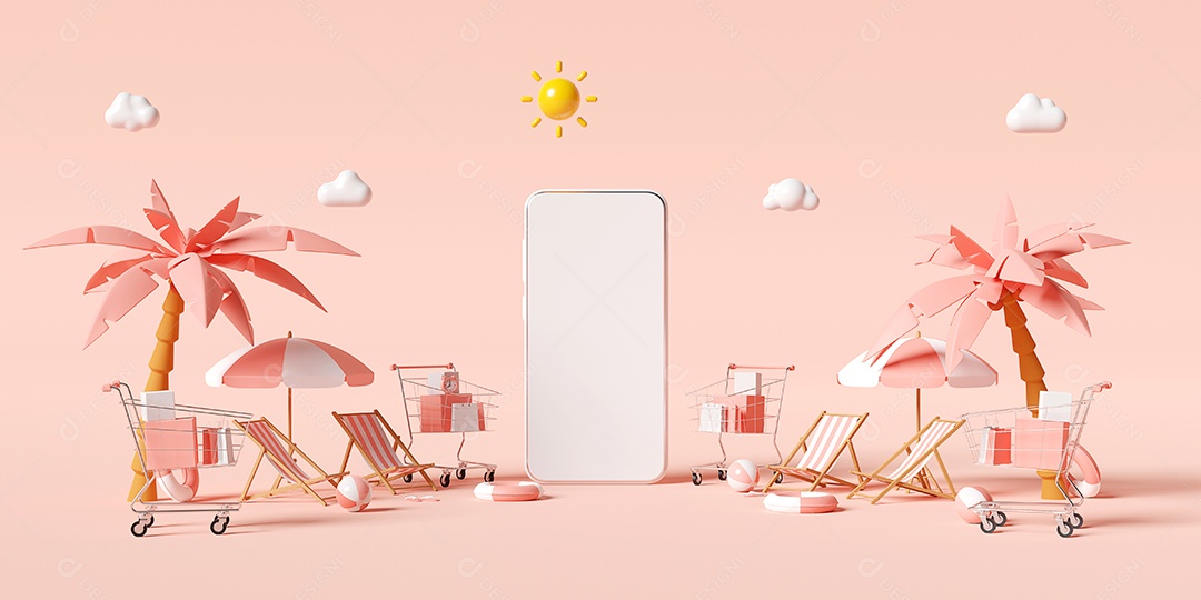 Conceito de férias de verão, maquete de Smartphone com flamingo, praia