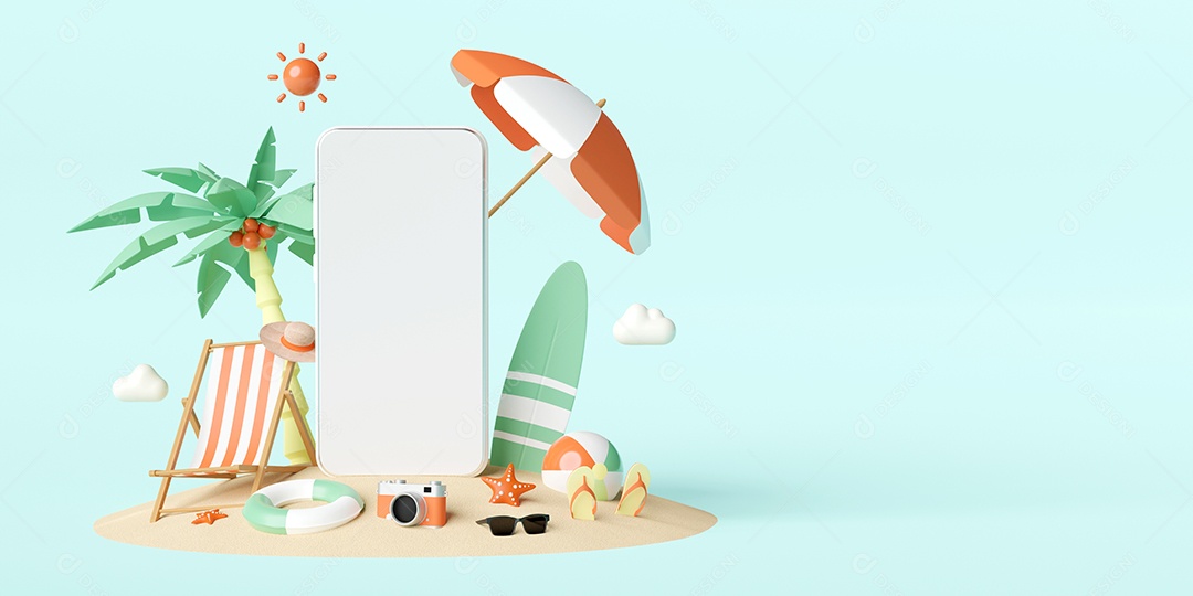Conceito de férias de verão, maquete de Smartphone com flamingo, praia
