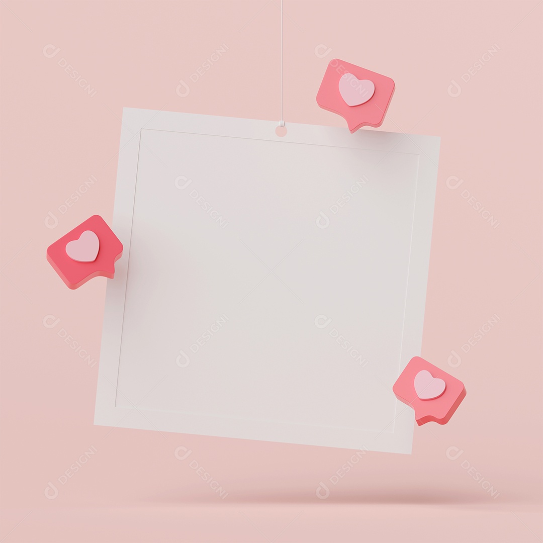 Ilustração 3D da moldura em branco com discurso de bolha de coração