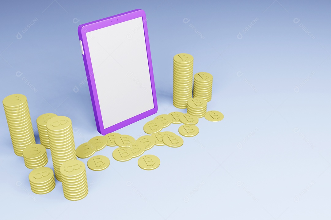 Telefone celular e bitcoin em fundo verde claro, render 3D