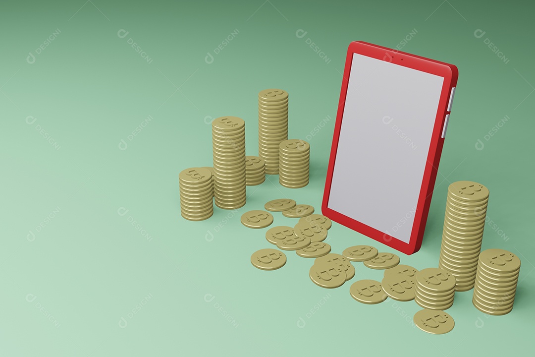 Três telefones celulares e bitcoins em fundo verde claro, render 3D