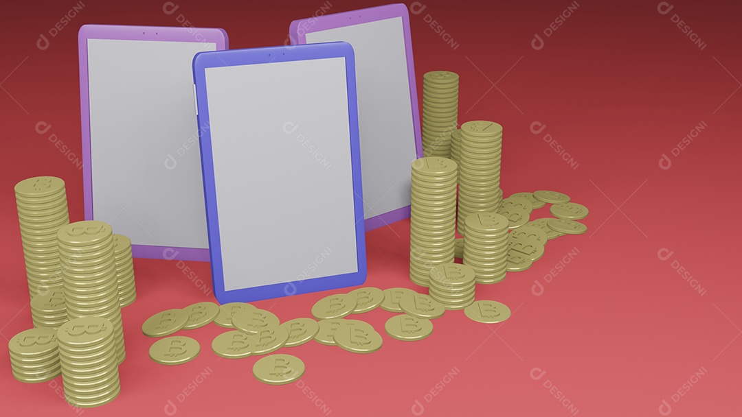 Três telefones celulares e bitcoins em fundo verde claro, render 3D