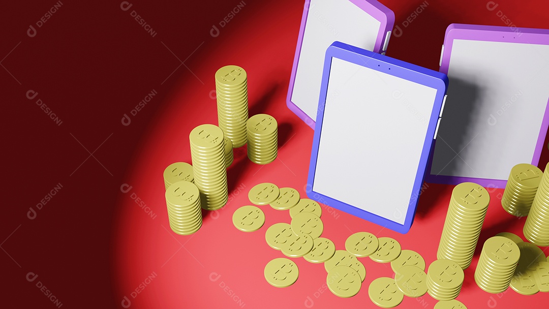 Três telefones celulares e bitcoins em fundo verde claro, render 3D