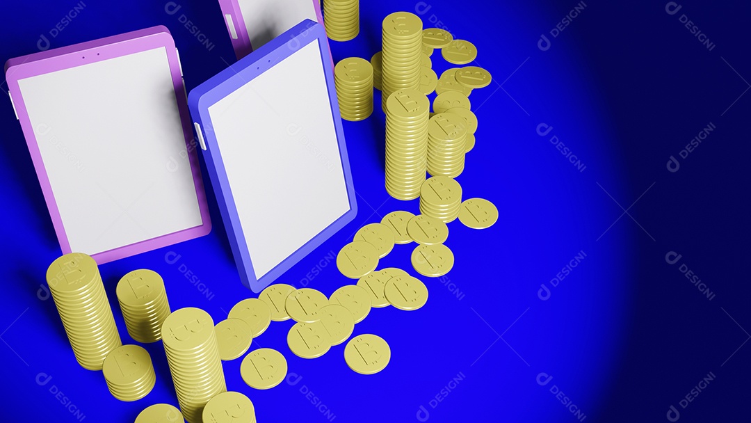 Três telefones celulares e bitcoins em fundo verde claro, render 3D