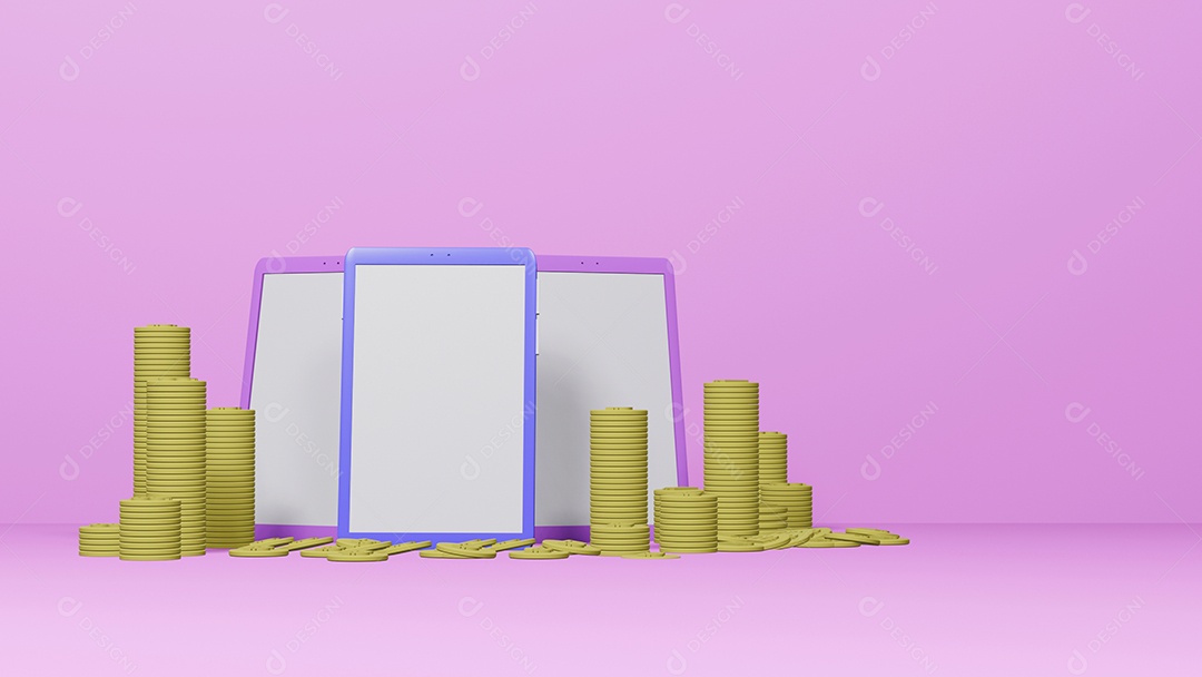 Três telefones celulares e bitcoins em fundo verde claro, render 3D