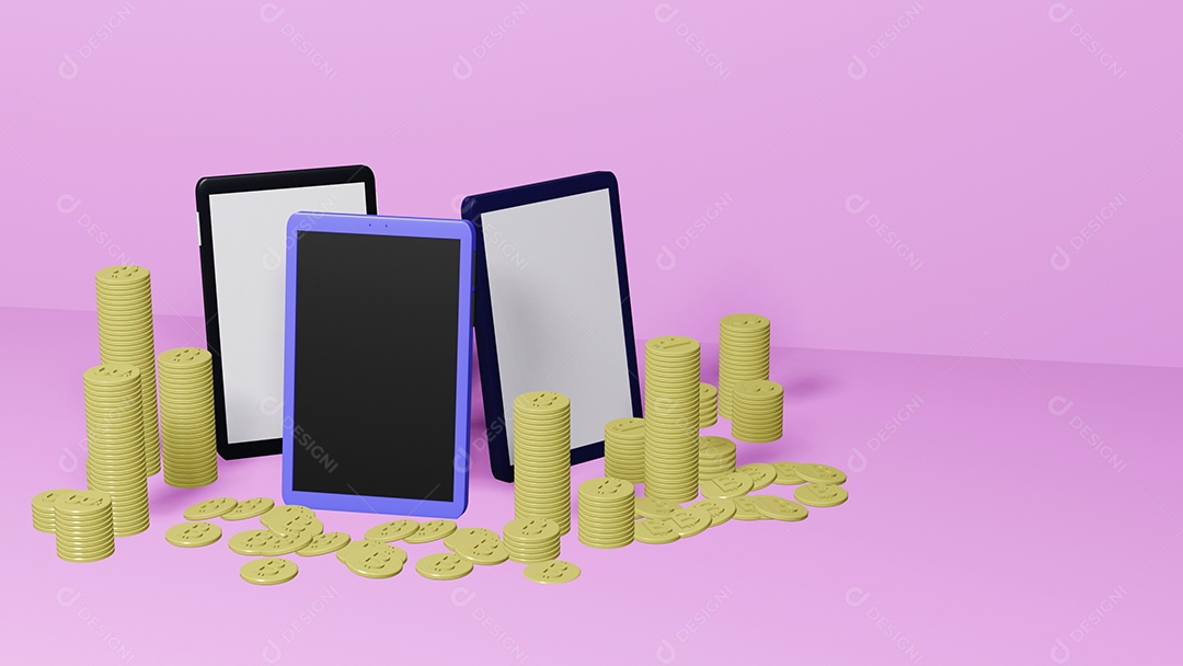 Três telefones celulares e bitcoins em fundo verde claro, render 3D