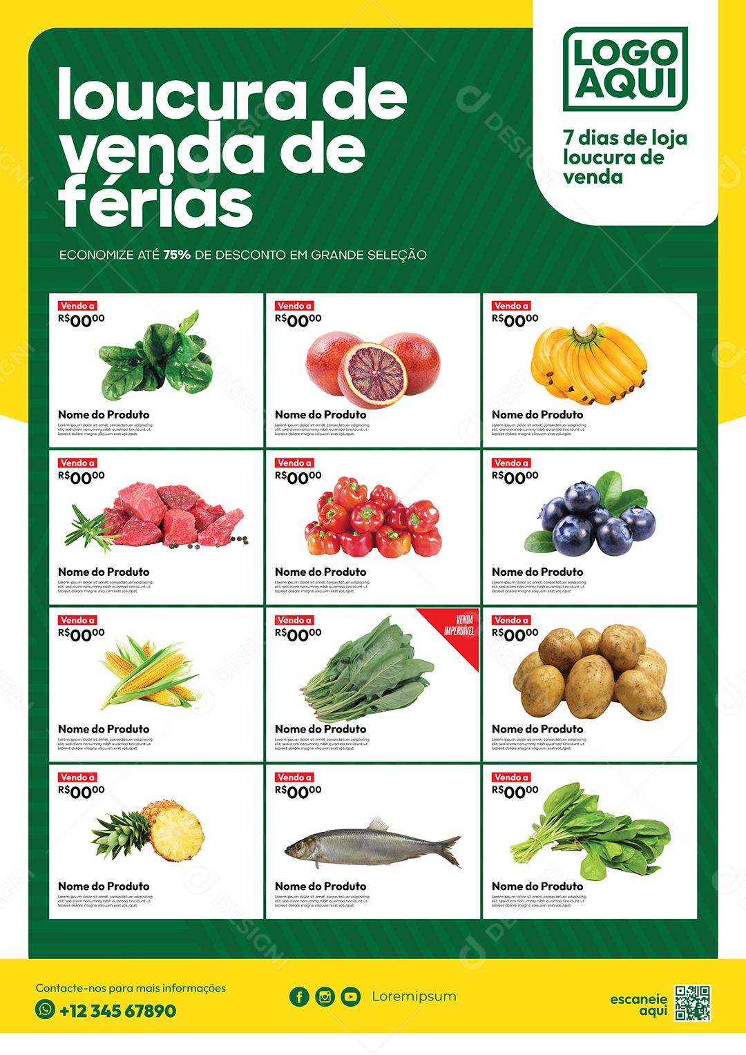 Folheto Encarte Supermercado Loucura de Venda de Férias Frutas Vetor EPS Editável