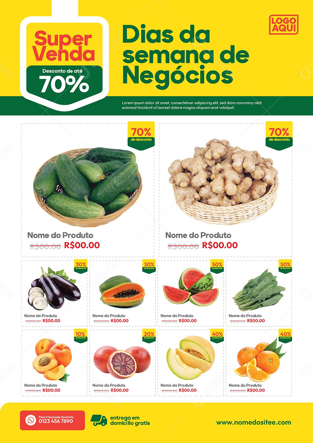Folheto Encarte Supermercado Dias da Semana de Negocios Frutas Vetor EPS Editável