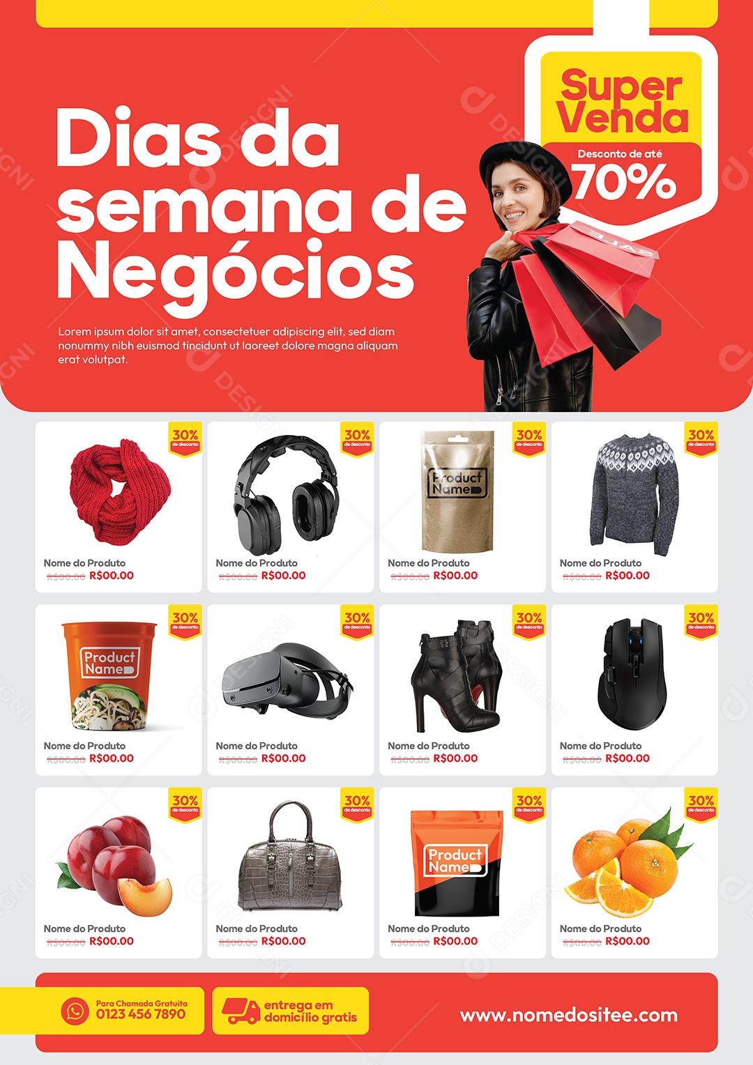 Encarte Folheto Dias da Semana de Negócios Produtos Eletrônicos Frutas Verduras Vetor EPS Editável