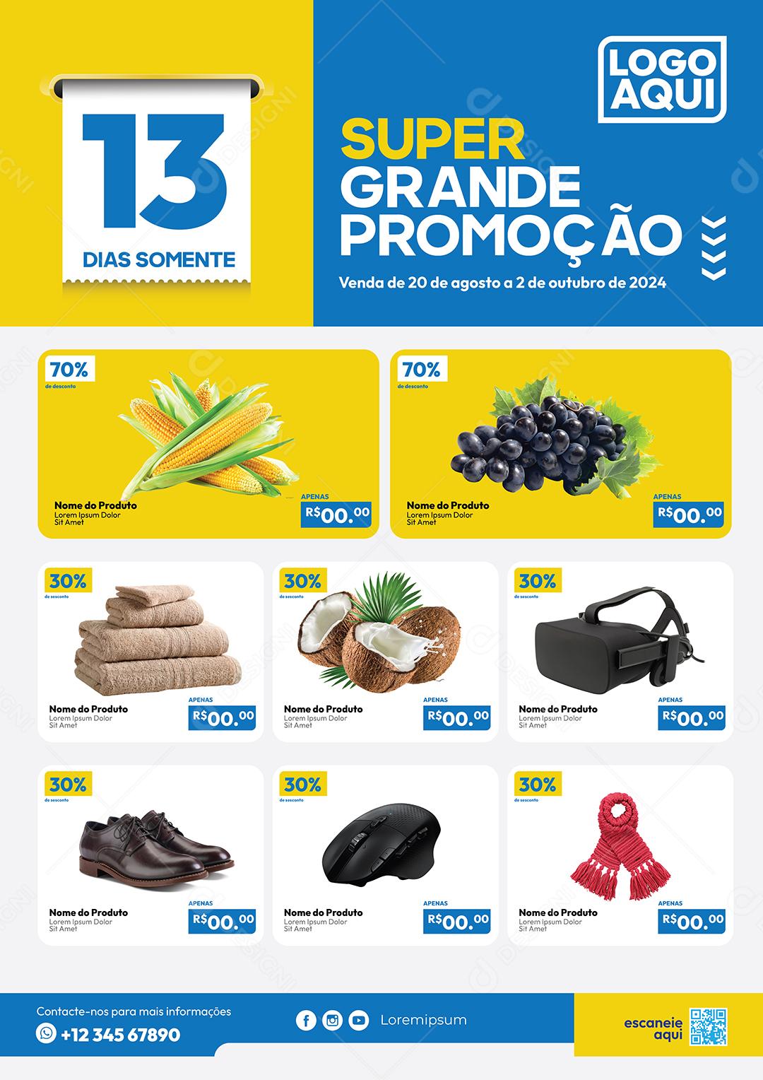 Encarte Folheto Super Grande Promoção Frutas Produtos Eletrônicos Vetor EPS Editável