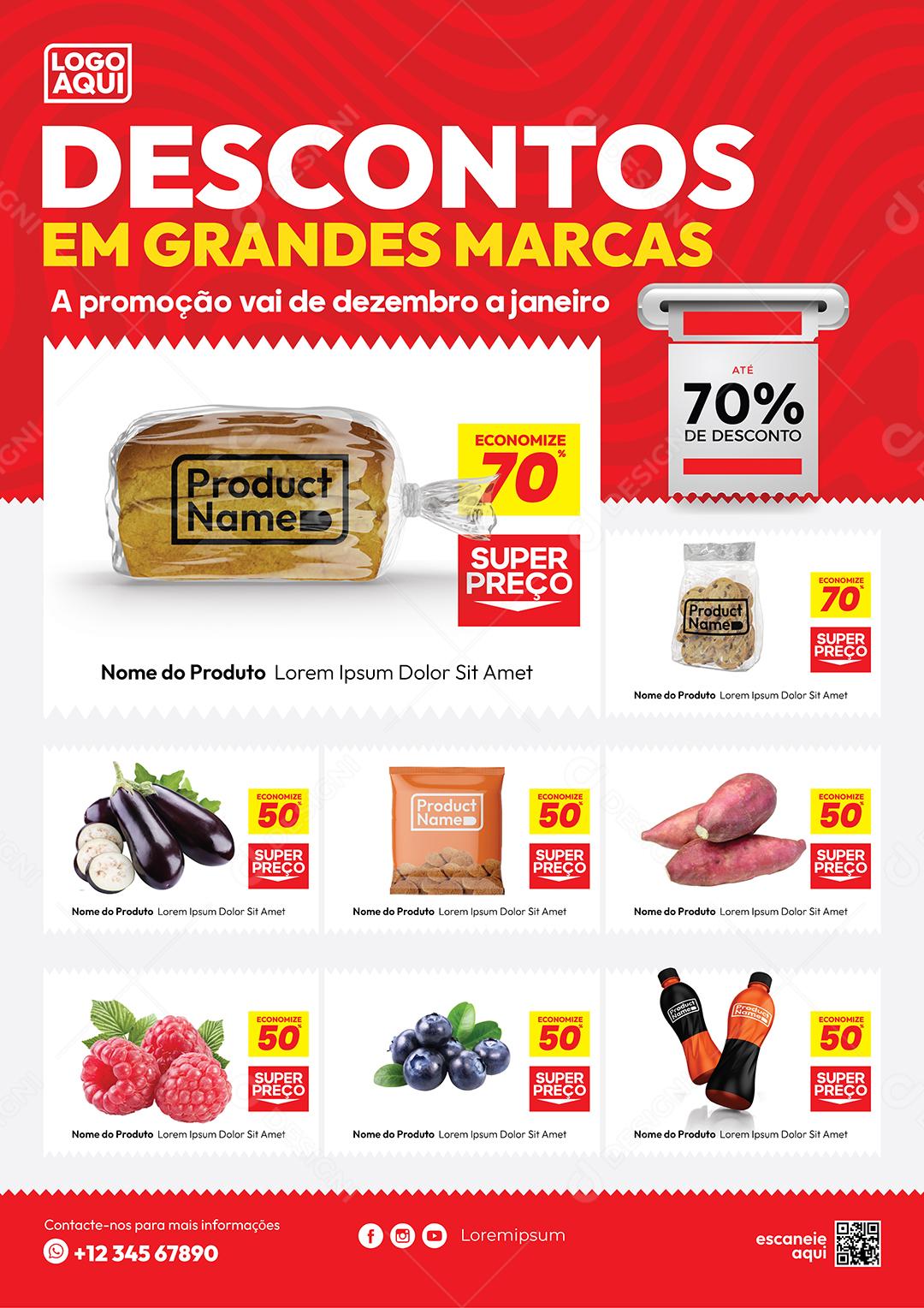 Encarte Folheto Desconto em Grandes Marcas Produtos Eletrônicos Frutas Verduras Vetor EPS Editável