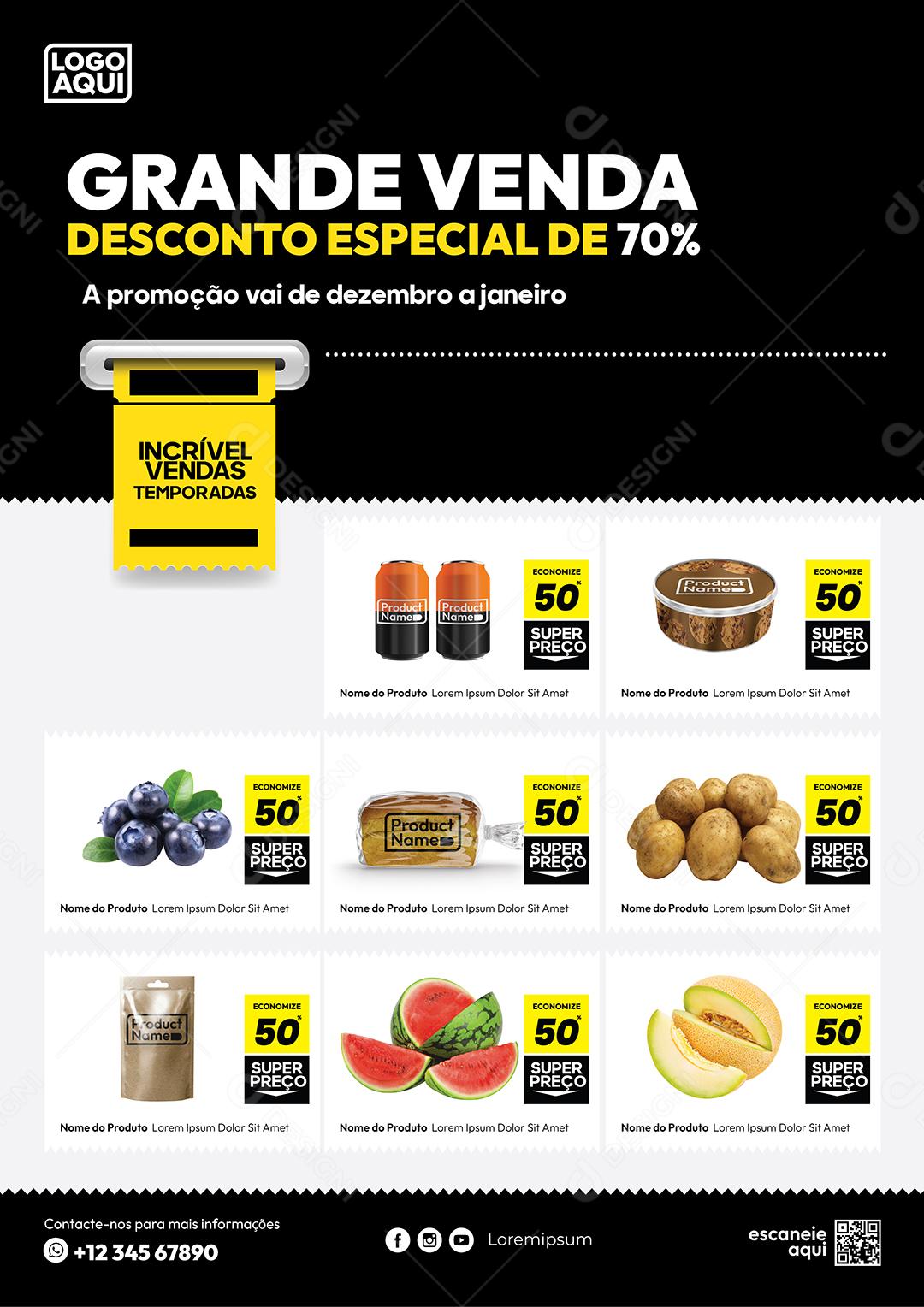 Encarte Folheto Grande Vendas Desconto Especial de 70% Frutas Produtos Eletrônicos Vetor EPS Editável