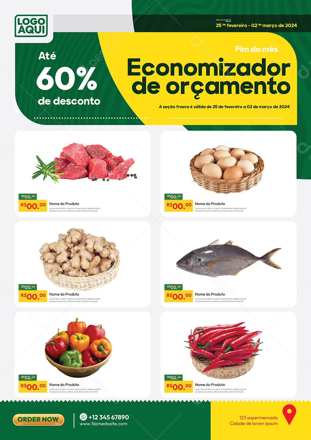 Folheto Encarte Economizador de Orçamento Frutas Verdúras Peixes Vetor EPS Editável
