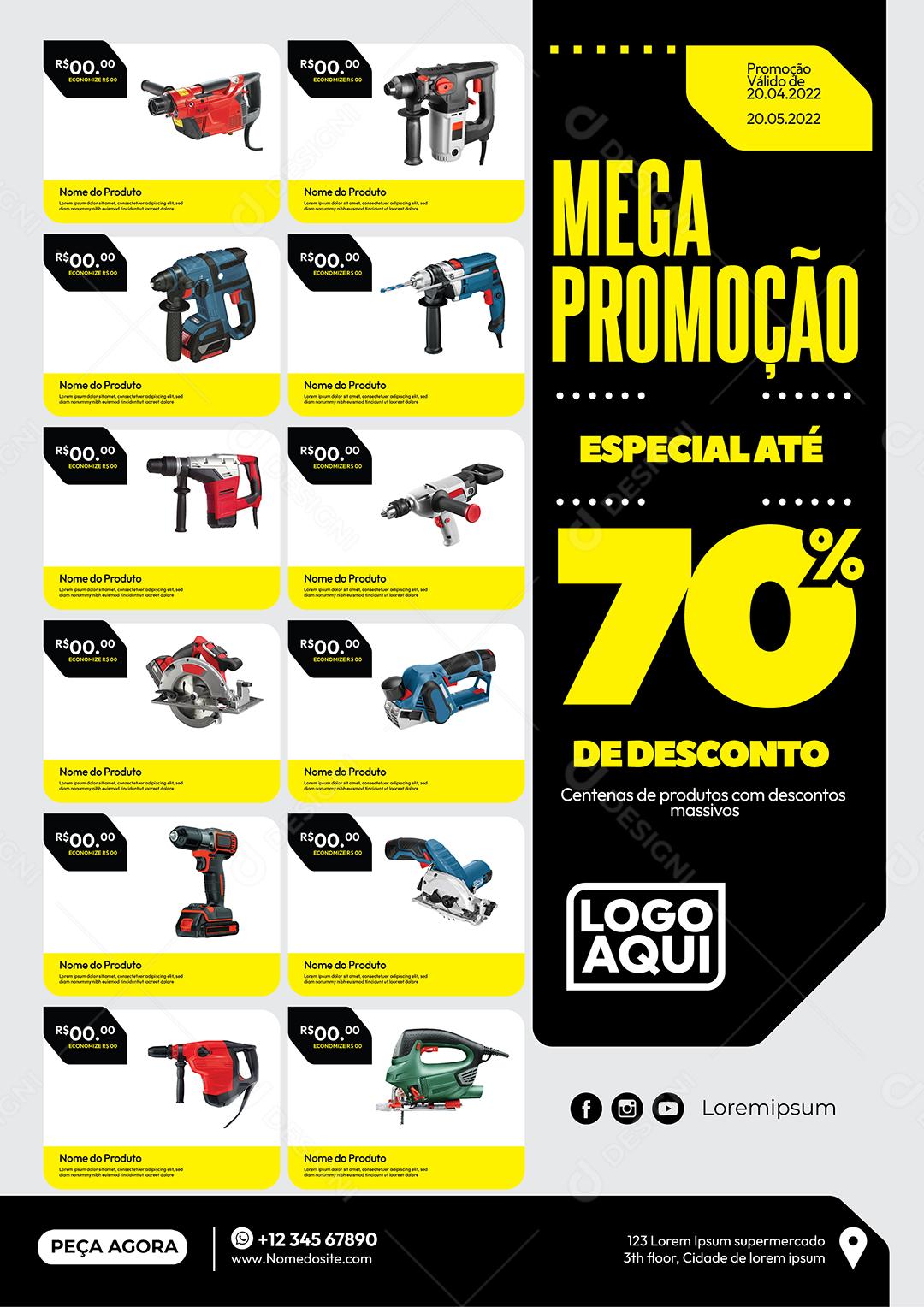 Folheto Encarte Mega Promoção Especial 70% Desconto Matérias de Construção Vetor EPS Editável