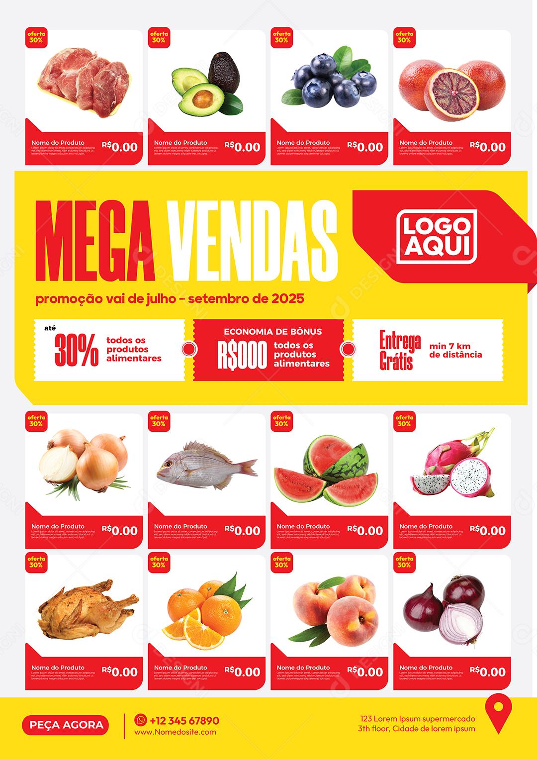 Folheto Encarte Supermercado Mega Venda Frutas Verduras Vetor EPS Editável