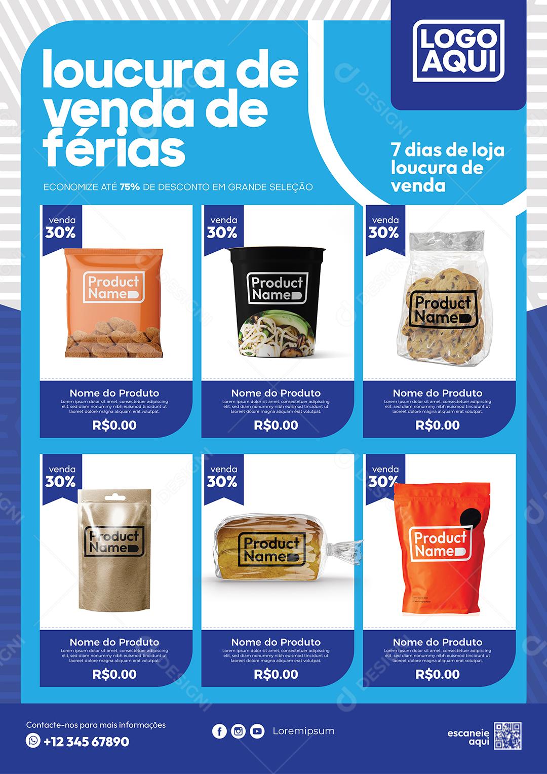 Folheto Encarte Supermercado Loucura de Venda de Férias Produtos Vetor EPS Editável