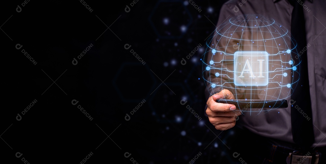 Empresário com símbolos usando IA em smartphones