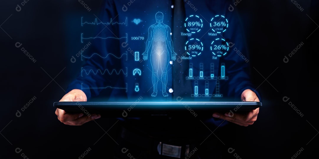 Tela de holograma, escaneie o corpo, mostre os nutrientes no corpo