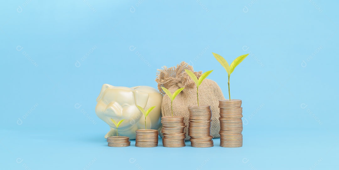 Financiamento de negócios de dinheiro crescente e conceito de investimento de dinheiro empilhado moedas