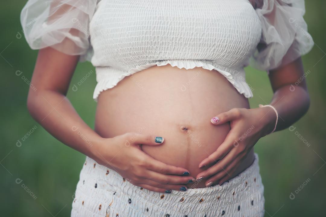 feliz e orgulhosa mulher asiática grávida olhando para sua barriga em um parque ao nascer do sol