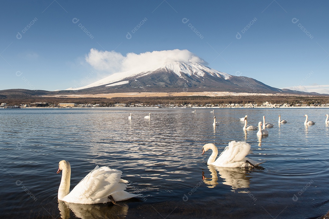 Monte Fuji refletido no lago Yamanaka ao amanhecer, Japão.